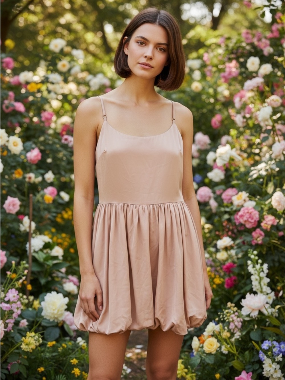 Jondie Size M Champagne Satin Mini Dress Spaghetti Strap Babydoll Party